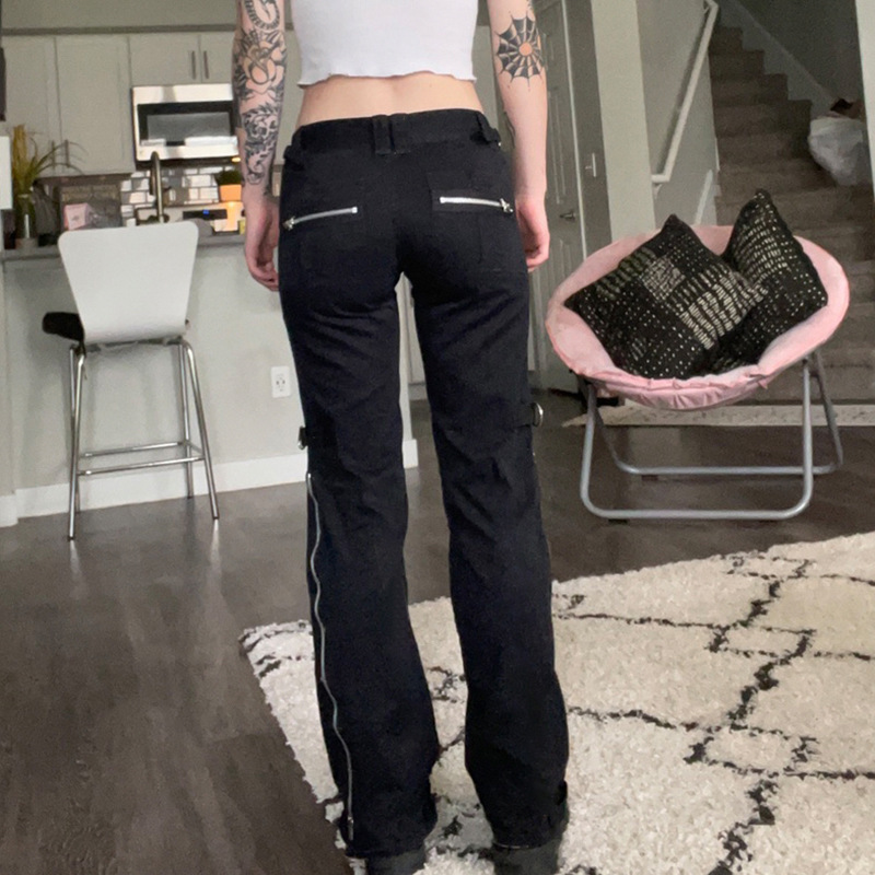 Women's Low Waist Straight Slim Jeans Trendy Cool Zip Detailing Casual Cotton Trousers For Autumn Fashion American Style_mkmklike.com