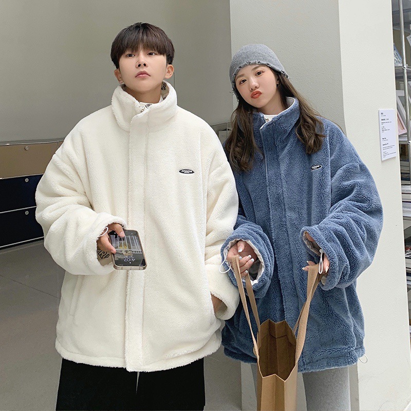 Abrigo de algodón acolchado de lana de cordero de doble cara para hombre Otoño e Invierno estilo de Hong Kong abrigo de algodón acolchado estampado completo suelto estilo coreano de moda chaqueta acolchada de algodón de pareja a juego