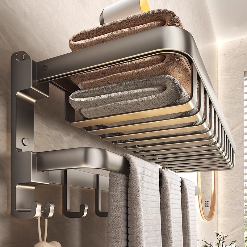 Arma gris toallas espaciales de aluminio sin perforación estantería de baño estantería de toallas de baño tipo de pared