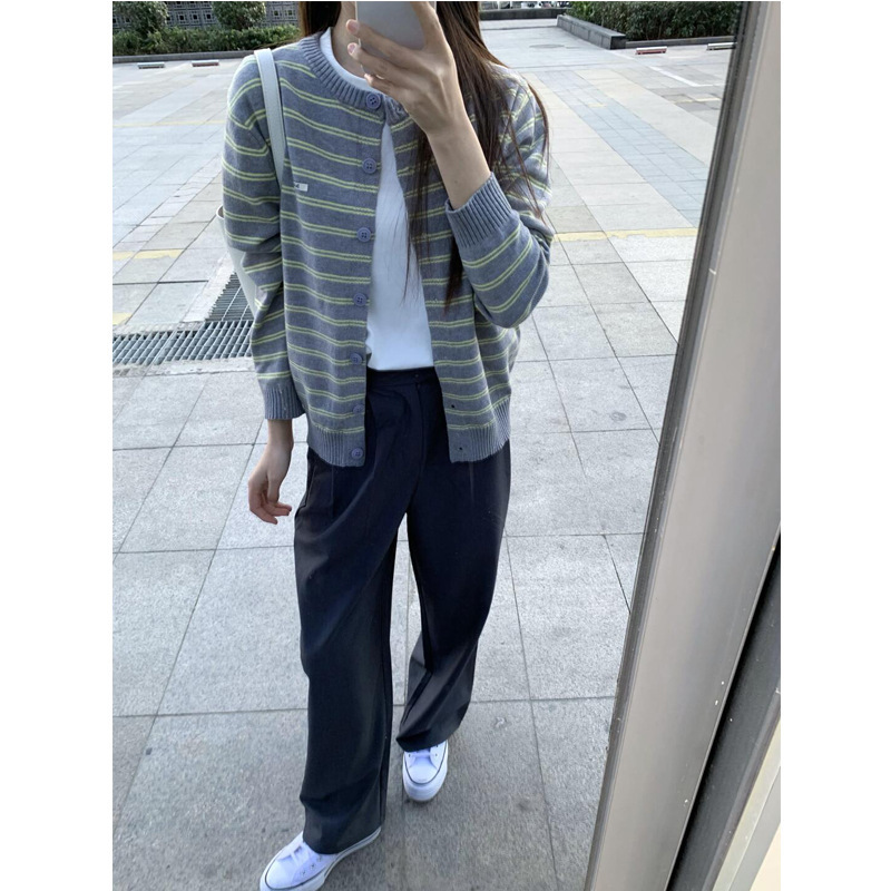 春秋新款圆领开衫女宽松韩版条纹显瘦薄短款百搭拼色上衣针织外套|undefined