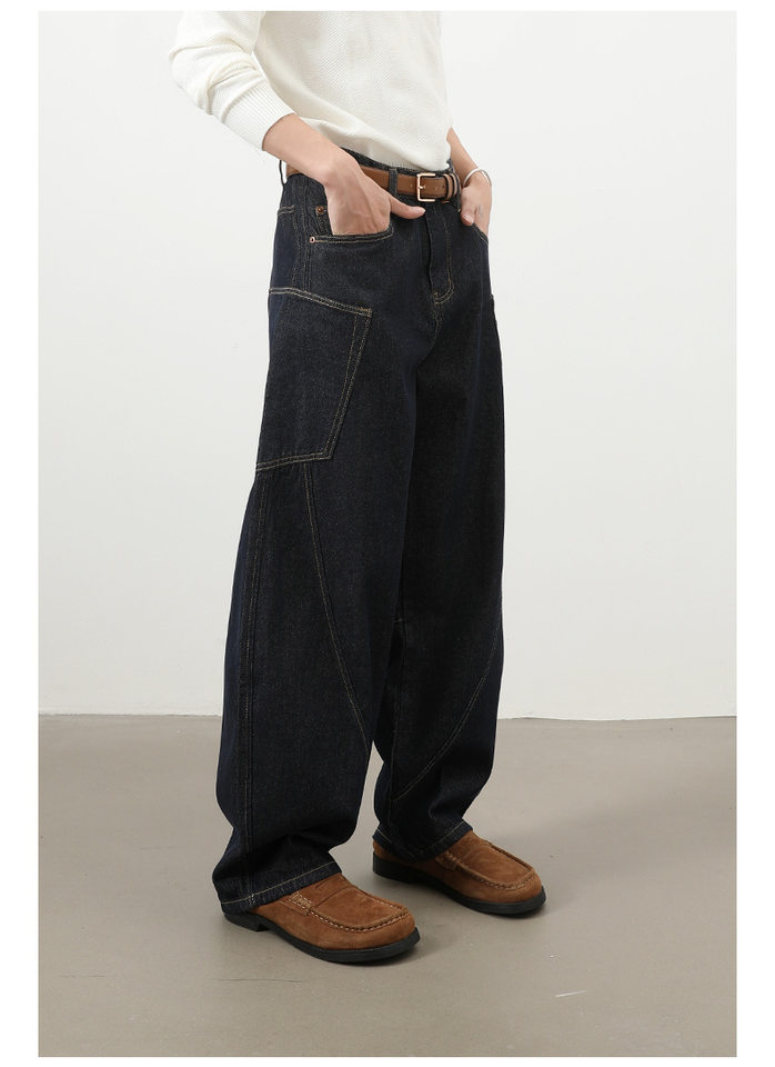 Quần jean nam ống rộng phong cách đường phố retro, nhiều túi hộp, dáng lỏng lẻo — Denim đen, Trắng, màu hồng, màu xanh chi tiết 5