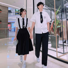 中学生班服校服批发2021夏季新款男女学院风短袖衬衫背带裙班服