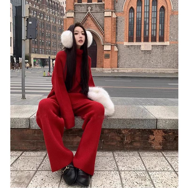 A Complete Set of Red Outfits for the Annual Party, a High-End Sweater with a Korean Style, a Super Popular Suit with an Autumn and Winter Atmosphere A Complete Set of Red Outfits for the Annual Party, a High-End Sweater with a Korean Style, a Super Popular Suit with an Autumn and Winter Atmosphere