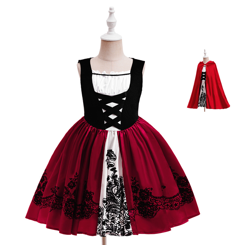 Transfronterizo nuevo vestido de sombrero rojo vestido sin mangas vestido de Halloween reunión anual escenario vestido de fiesta con capa
