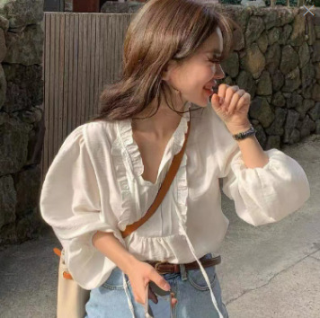 Korean Chic Spring Gentle and Graceful V-Neck Tie-on Ruffle Design Puff Sleeve Loose Solid Color Shirt 