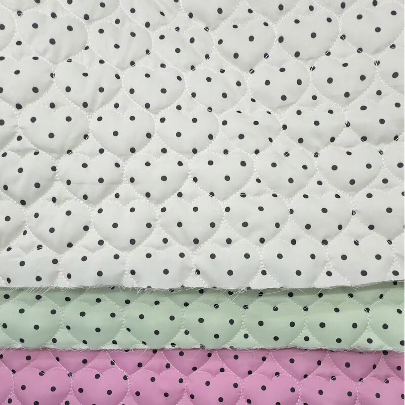 Spring Yarn Quilted Fabric with Staggered Heart Print and Small Dots, Quilted Pu Composite Fabric with Heart Pattern for Bags and Notebooks