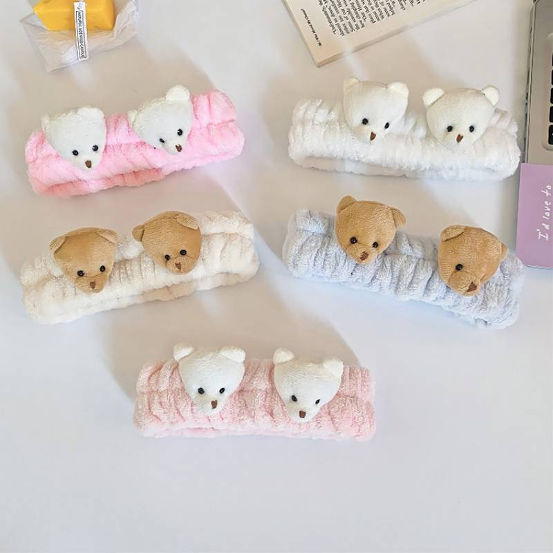 Corea del Sur tridimensional de dibujos animados muñeca de felpa lavado de cara banda de pelo lindo oso diadema hembra borde ancho maquillaje accesorios para el cabello tocado