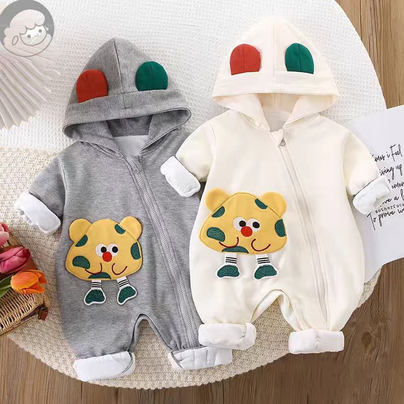 Primavera y otoño nuevo estilo de una pieza de doble capa bebé con capucha de dibujos animados con cremallera abierta oblicua mameluco para bebé