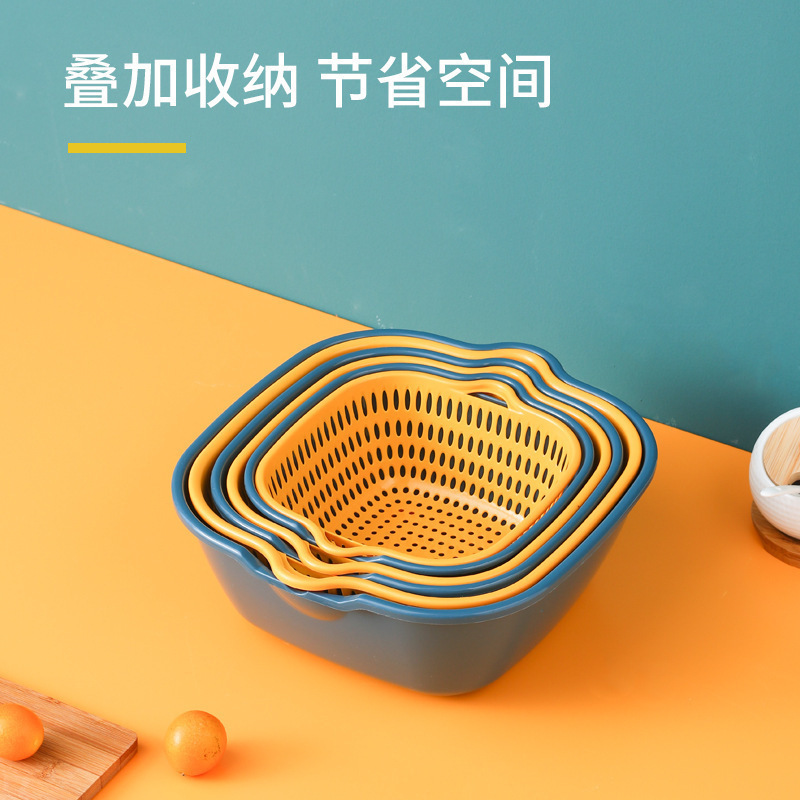 Drain Basket Six-Piece Set Creative Style Double-Deck Home Drain Multi-Functional Fruit and Vegetable 8-Piece Set Washing Vegetable Basket Wholesale