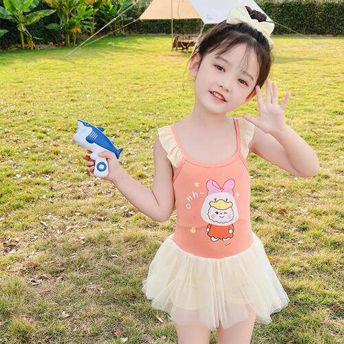 Children's one-piece swimsuit for girls, summer cute baby swimming pool hot spring mesh dress-style straight-leg pants