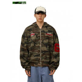 UNLG美式复古水洗迷彩刺绣连帽卫衣外套男秋冬季宽松休闲帽衫夹克