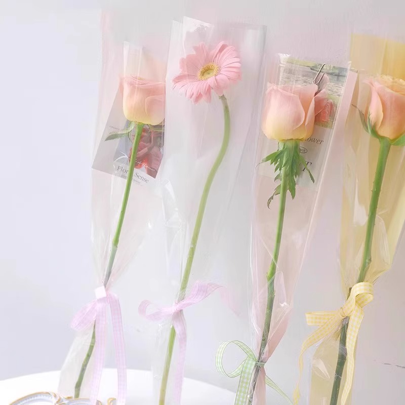 Bolsa de embalaje para ramo individual de macarons para el Día de San Valentín, bolsa de flores para floristería, bolsa de flores transparente de OPP de color puro para bricolaje