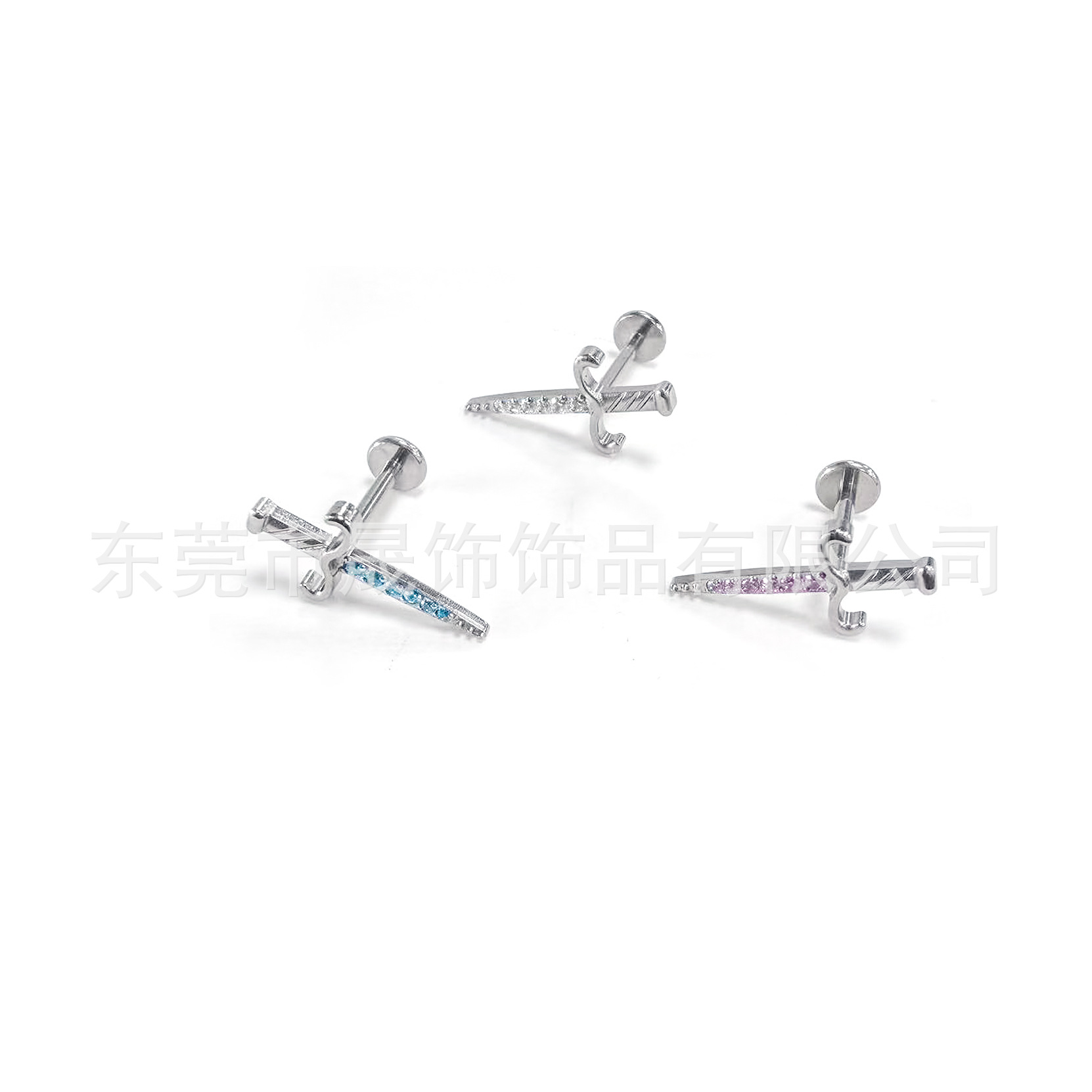 F136钛合金十字宝剑耳钉镶5A锆石匕首耳骨钉G23钛内螺纹穿刺饰品