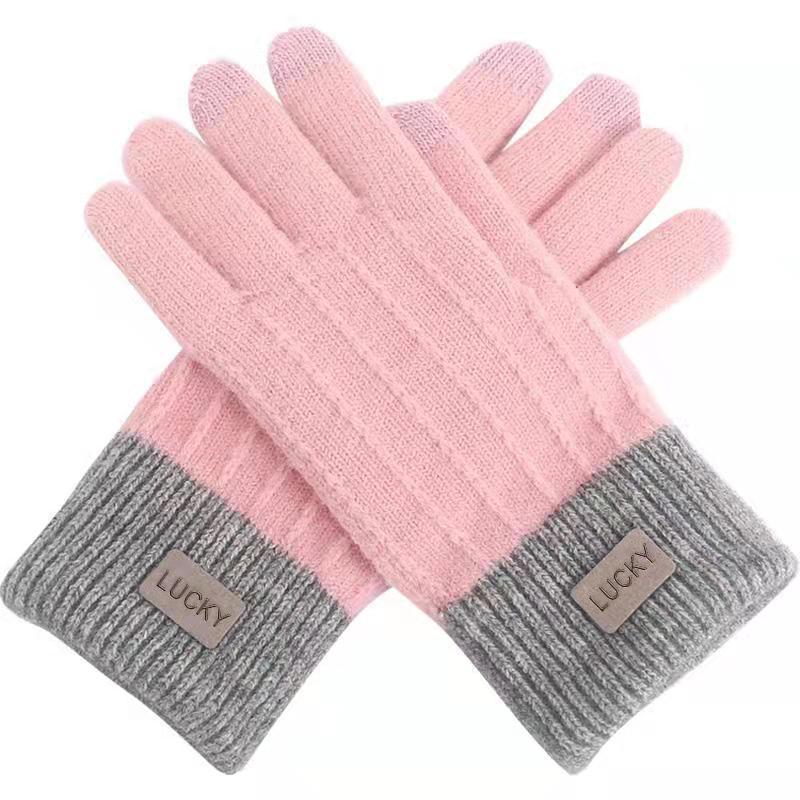 Guantes de pantalla táctil de invierno femenino Lindo estilo coreano forrado de lana de punto grueso de cinco dedos montando invierno cálido estudiante a prueba de frío