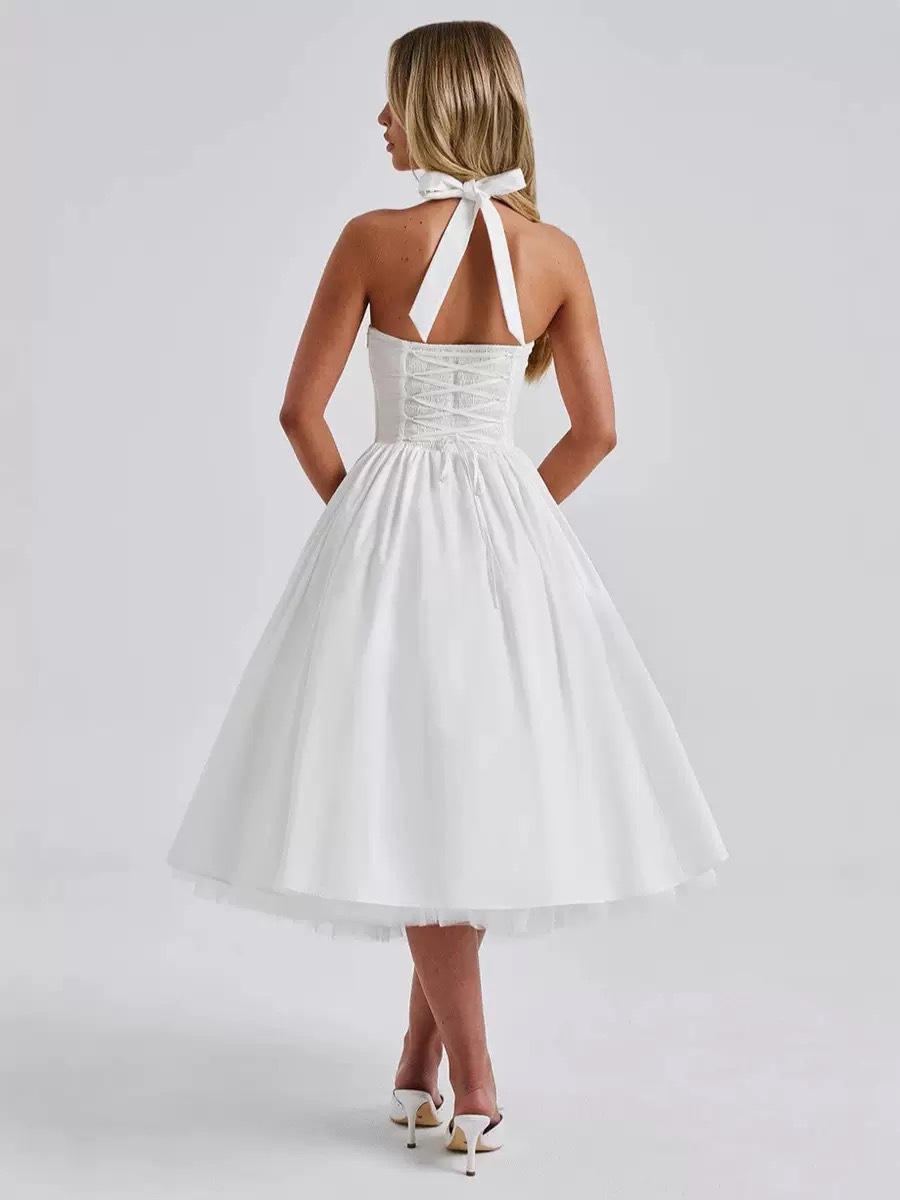 French Halter Neck Backless Dress Sexy Tie Up Midi Skirt Mesh Fabric Women's Clothing New_ecoleips.com