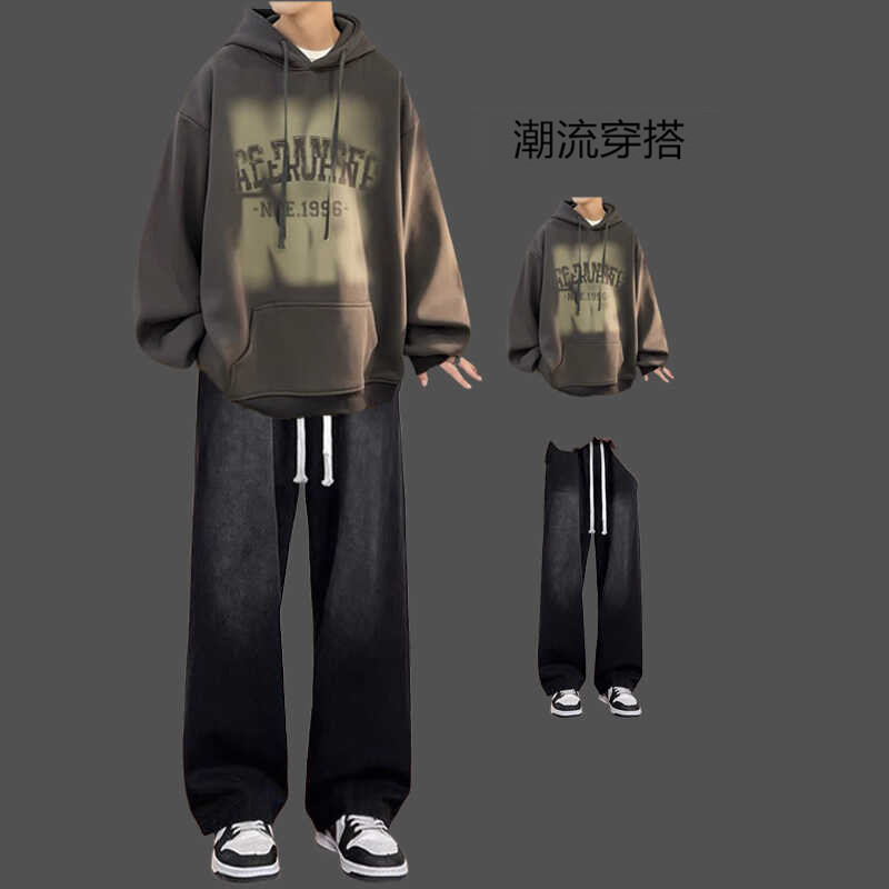 秋冬季套装男美式连帽卫衣潮牌一套搭配牛仔裤学生潮流帅气两件套|undefined