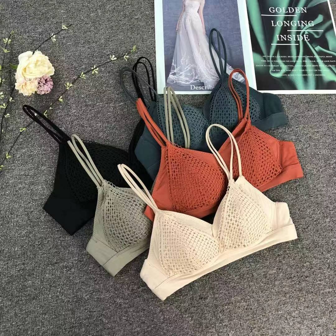 Bra de encaje del sudeste asiático, ropa interior de mujer, bra de copa triangular francesa, verano sin anillo de acero, copa delgada, algodón sexy y cómodo para la piel