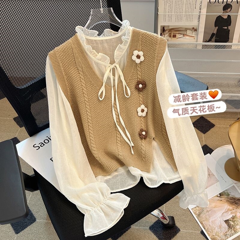 French-style knitted vest paired with chiffon shirt two-piece set for women, new autumn collection, sweet and youthful long-sleeved stylish top