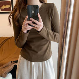 德绒磨毛长袖T恤女2023秋冬加厚发热锁温修身显瘦圆领内搭打底衫