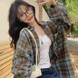 原版美式复古格子衬衫女新款春秋薄款设计感小众宽松长袖衬衣外套
