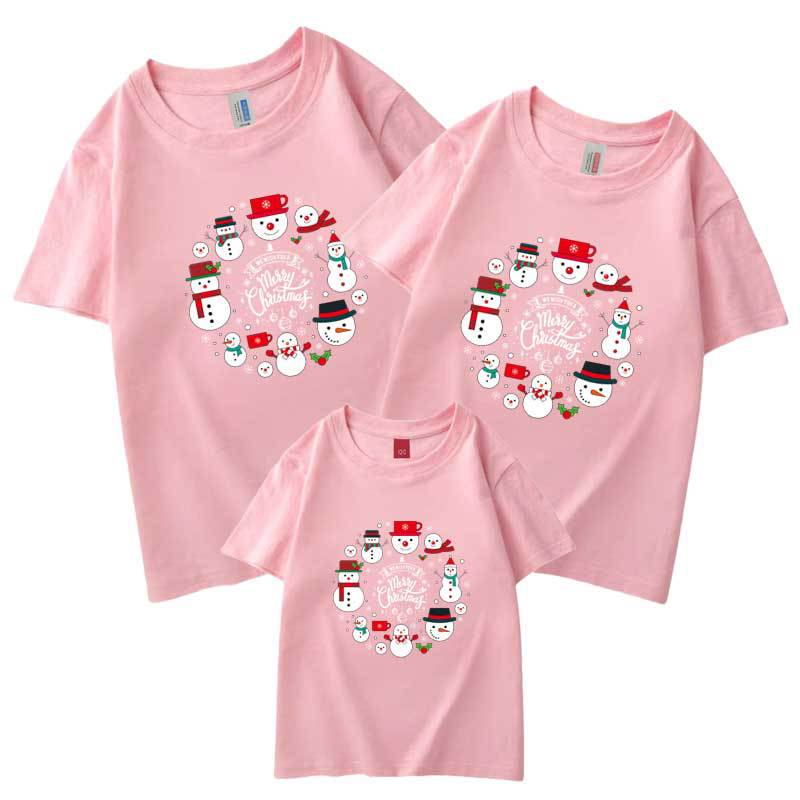 2022 círculo muñeco de nieve Feliz Navidad padre-hijo Camiseta de manga corta al por mayor verano algodón refinado ropa para niños bienes transfronterizos europeos y americanos