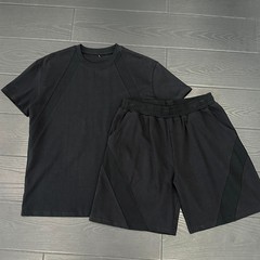 夏ゆったりカジュアル半袖+5点ショーツスーツメンズスポーツ300g厚手二重糸綿継ぎTシャツ