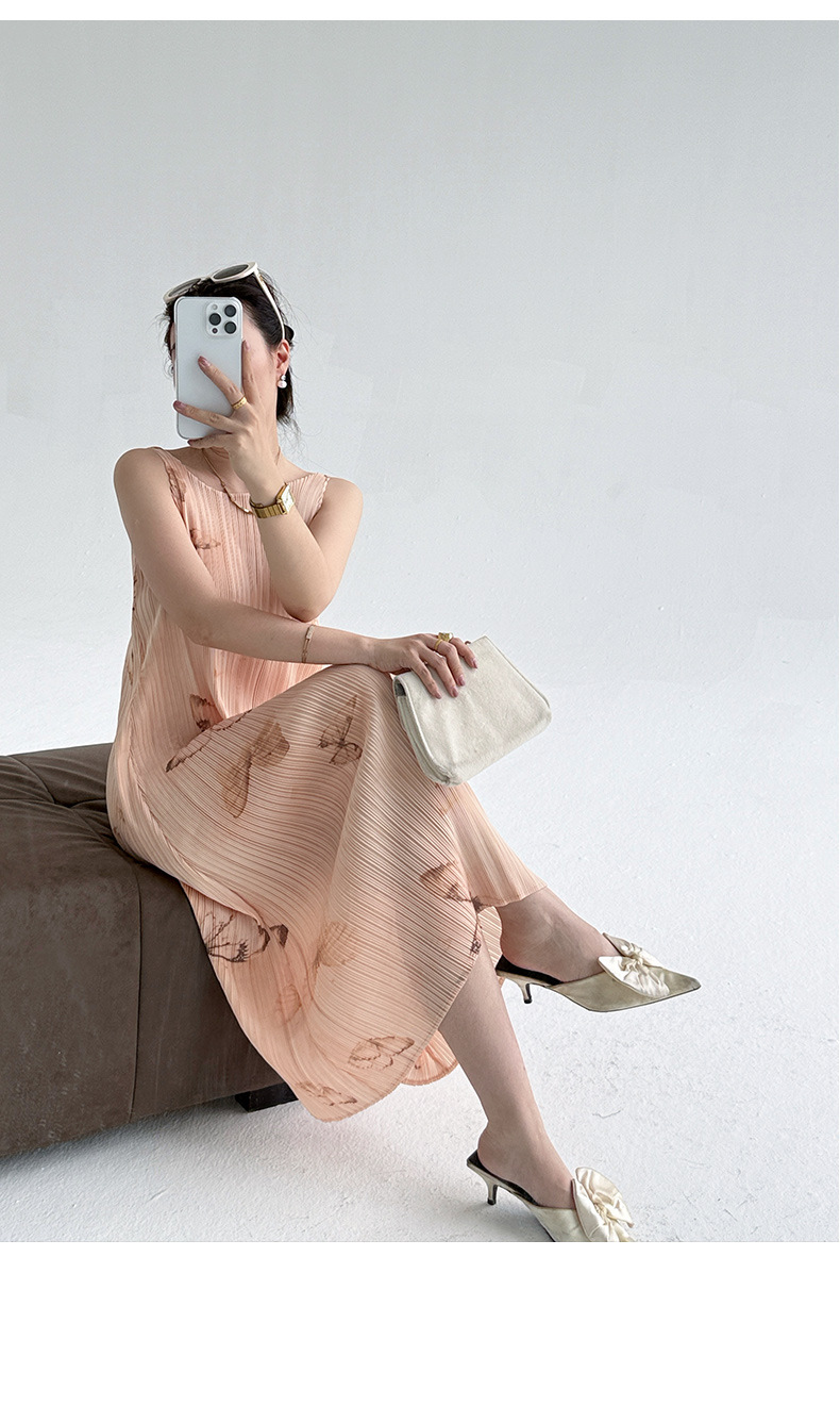 Đầm suông midi in họa tiết bướm gradient phong cách Pháp — màu tím nhạt chi tiết 23