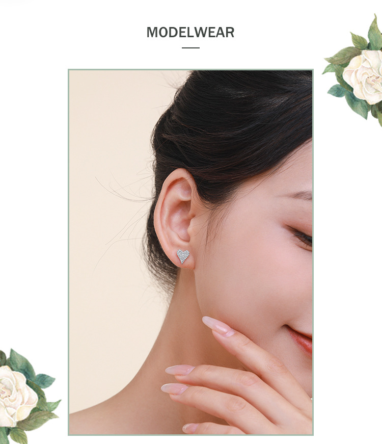 925 Sterling Silver Ear Needle Material Zircon Inlay Material 1 Pair 925 Sterling Silver Zircon Heart Shape Ear Studs