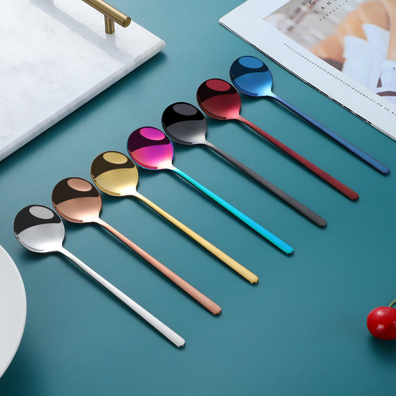Cuchara de café de agitación creativa de acero inoxidable 304 transfronterizo titanio oro mango largo Cuchara de polvo de hielo de miel postre cuchara redonda pequeña