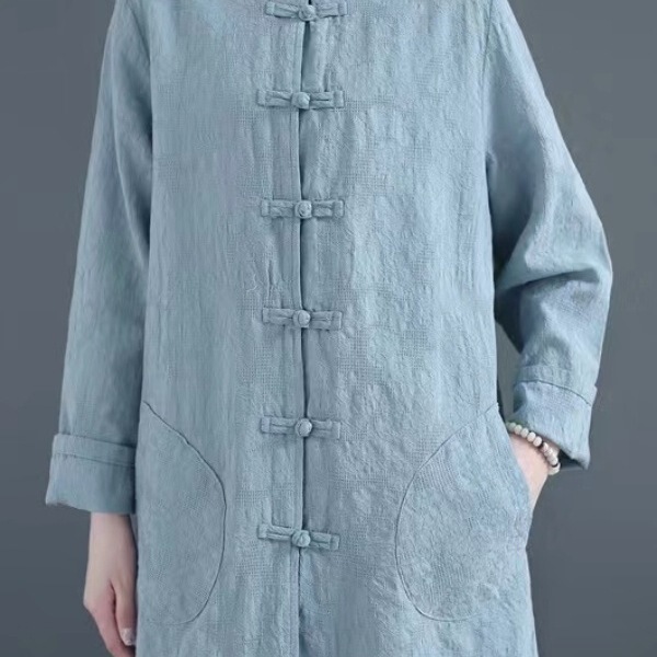 Plus Size Cotton and Linen Jacquard Mid-Length Stand-Up Collar Thin Cardigan with Plate Buttons for Women's Spring & Fall Artistic Shirt Chinese Style Top