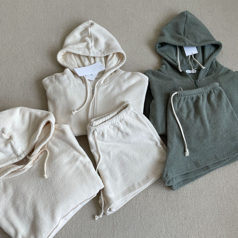 101003! Original Factory Order @Mv Three-Color Baby Thin Velvet Towel Cotton Hooded Sweatshirt Cardigan + Shorts Suit