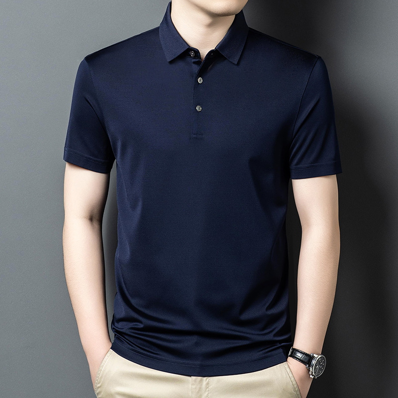 Áo polo nam tay ngắn lụa tơ tằm cổ bẻ mỏng nhẹ — Màu xanh dương JS1601077