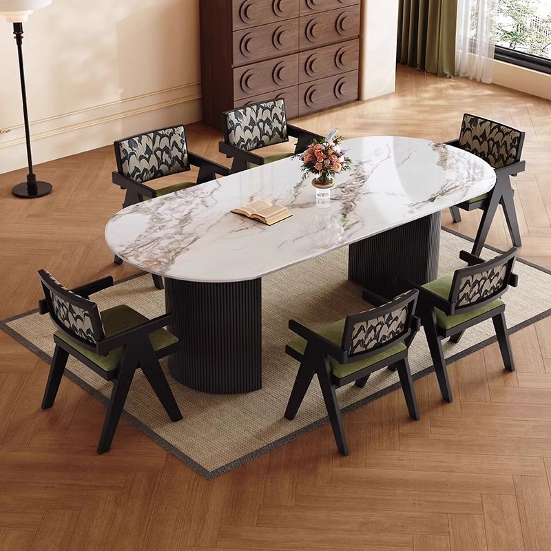 Mesa de comedor de roca medieval francesa estilo pequeño estilo retro lujo ligero hogar negro retro mesa de comedor ovalada silla