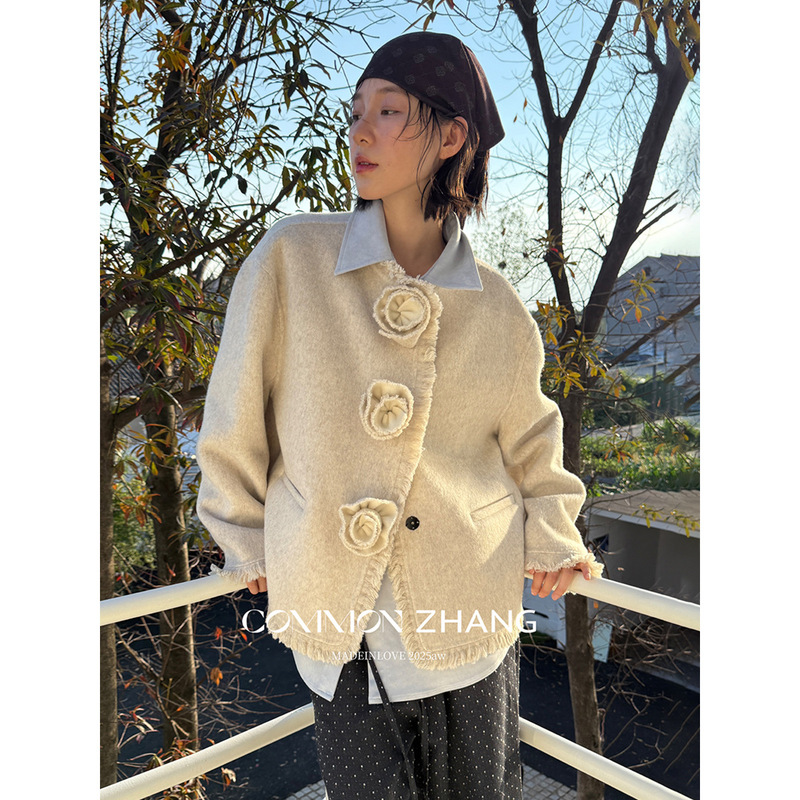 Cz Zhang Autumn and Winter Pure Handmade Wool Double-Sided Nylon Girl's Floral Tassel Edge Woolen Jacket B39722