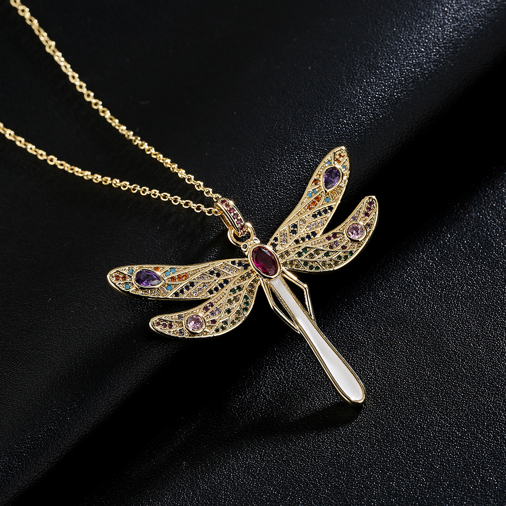 Fashion copper plated 18K gold micro-set zircon dragonfly pendant necklace