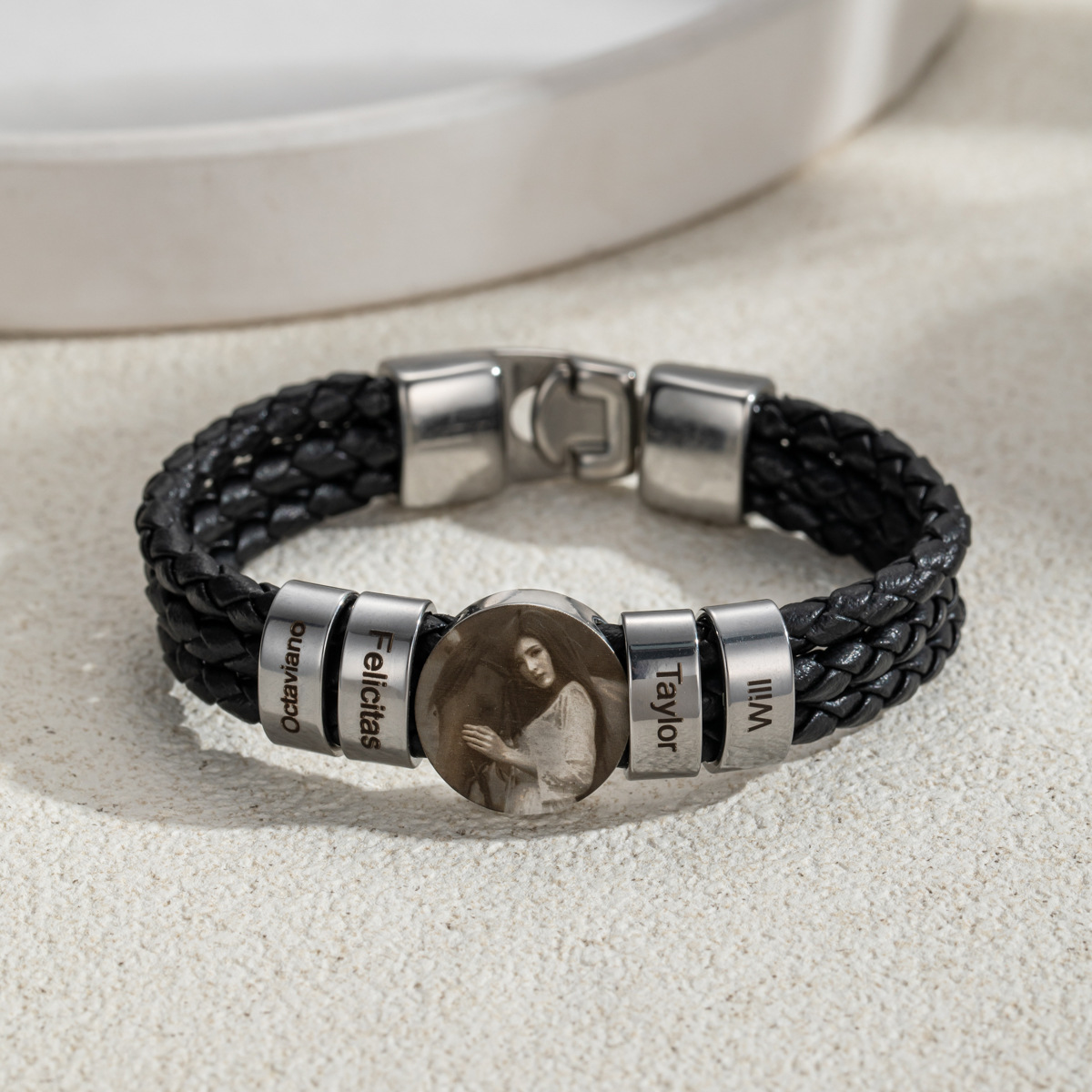 Men's Stainless Steel Three-Layer Black Leather Rope Bracelet DIY Beads Can Be Engraved with Name Photo Bracelet Jewelry
