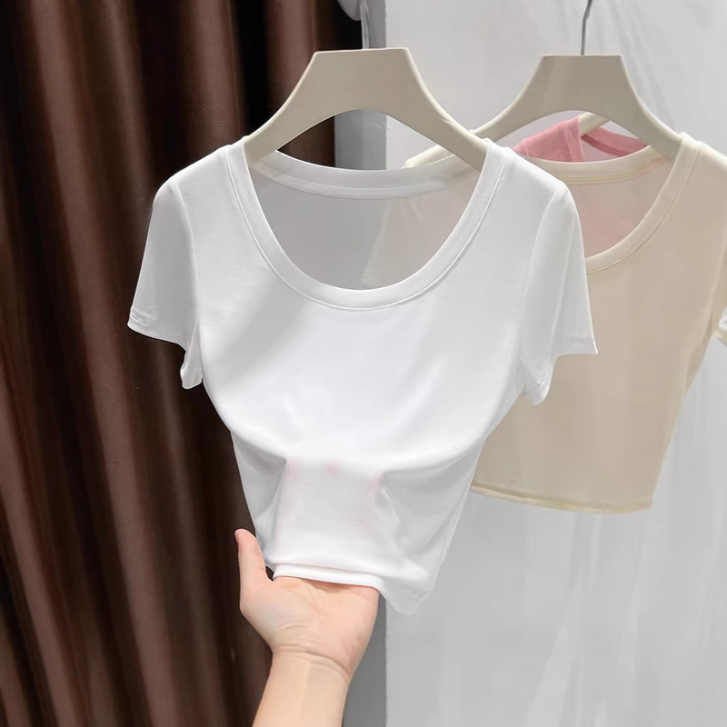 Ice Silk Cool-Touch Transparent Sheer T-Shirt for Women, Short-Sleeve New Style, Round Neck, Regular Shoulder, Slimming Mesh Top, Short Version
