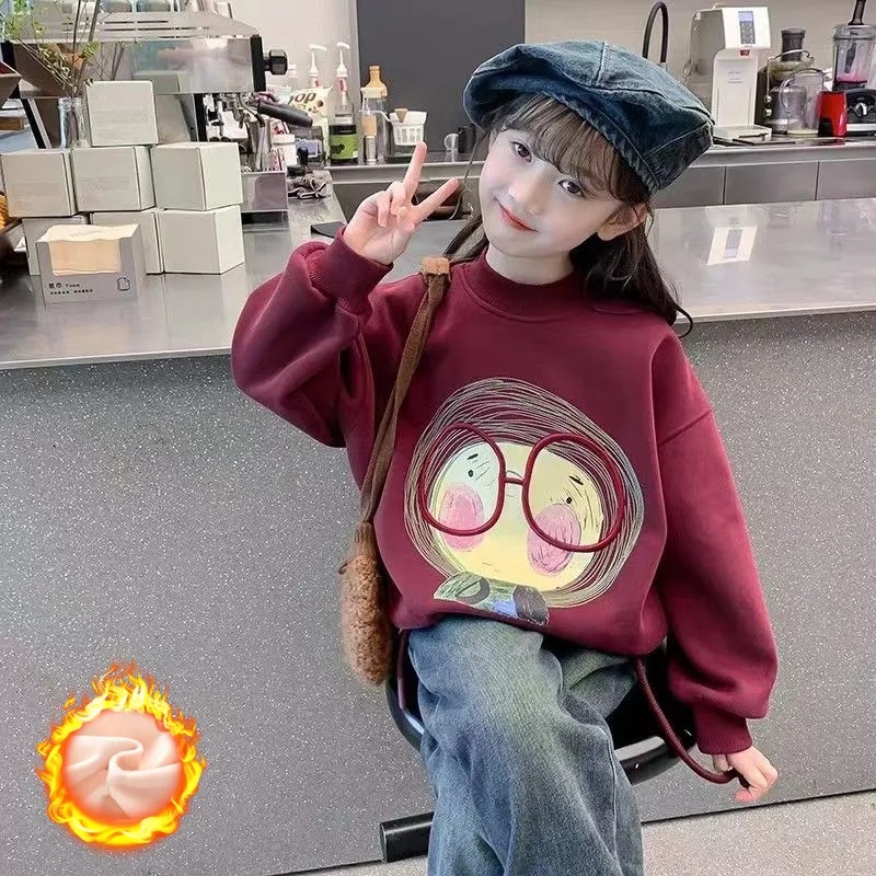 女童冬裝加絨衛衣2024新款洋氣兒童秋冬款加厚小女孩冬季圓領上衣