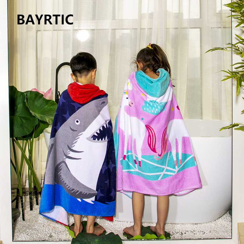 Amazon Beach Towel Cartoon Swimming Bathing Extended Wearable Children's Pure Cotton Hooded Bath Towel Bathrobe Printed New Style