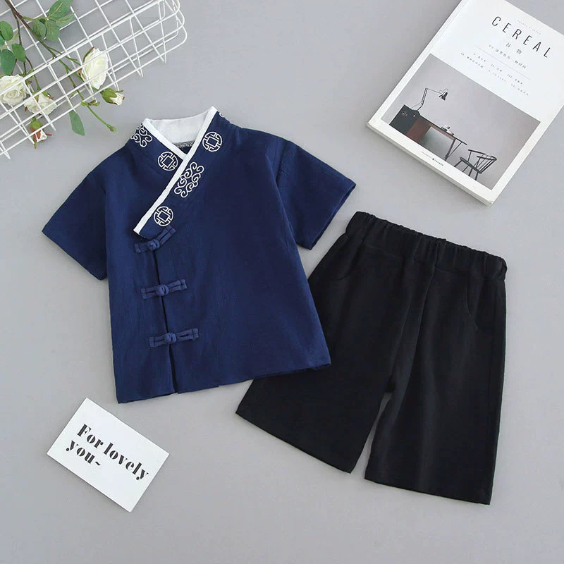Костюм Ханфу для мальчиков. Летняя одежда. Детский тонкий комплект из двух предметов с короткими рукавами. Костюм Тан из хлопка и льна для девочек в китайском стиле. Трендовый костюм для выступлений.