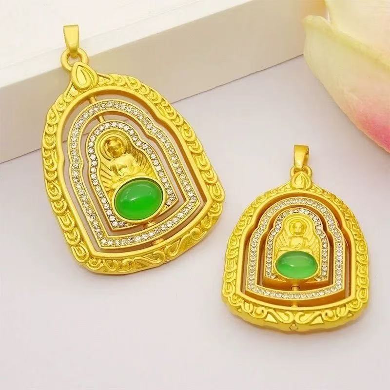 黄金色项链镶钻大日如来可旋转佛牌和田玉吊坠转运珠项链女挂坠|ms