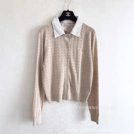 深圳南油高版本缪家25早秋新款纯色字母镂空翻领长袖针织开衫