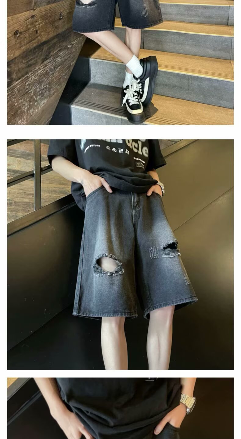Men's Clothing Men's Trendy Casual Ripped Wide Leg Capri Pants High Street Washed Distressed Denim Shorts Summer Style_viptrois.com
