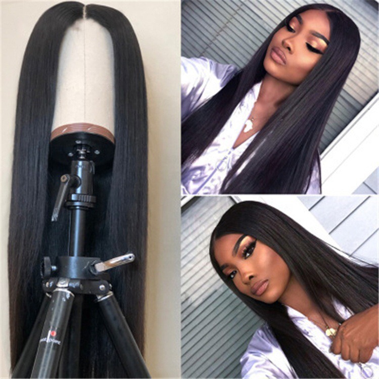 Cross-Border Aliexpress European and American Foreign Trade Wigs for Women with Medium Parted Long Straight Hair Black Wig Headgear Factory Direct Sales in Stock