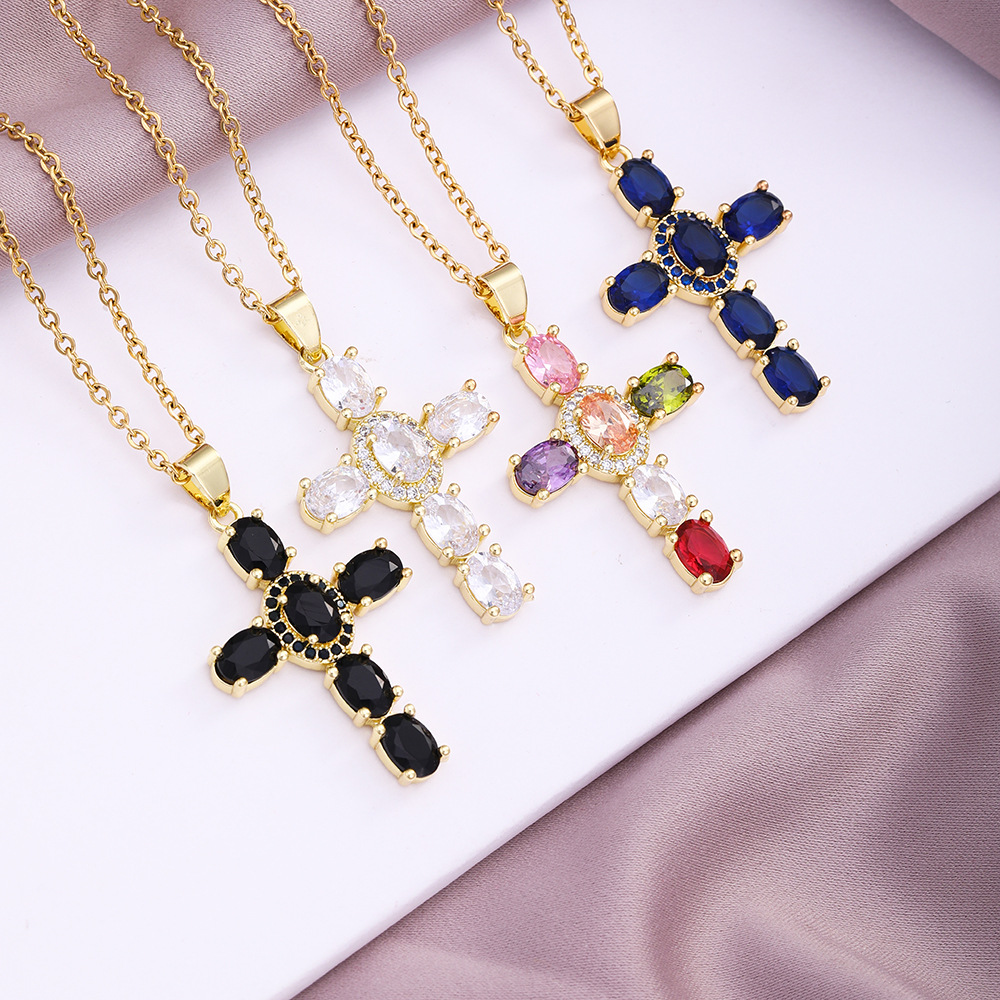 Cross Pattern Fashion Cross Copper 18k Gold Plated Zircon Pendant Necklace In Bulk