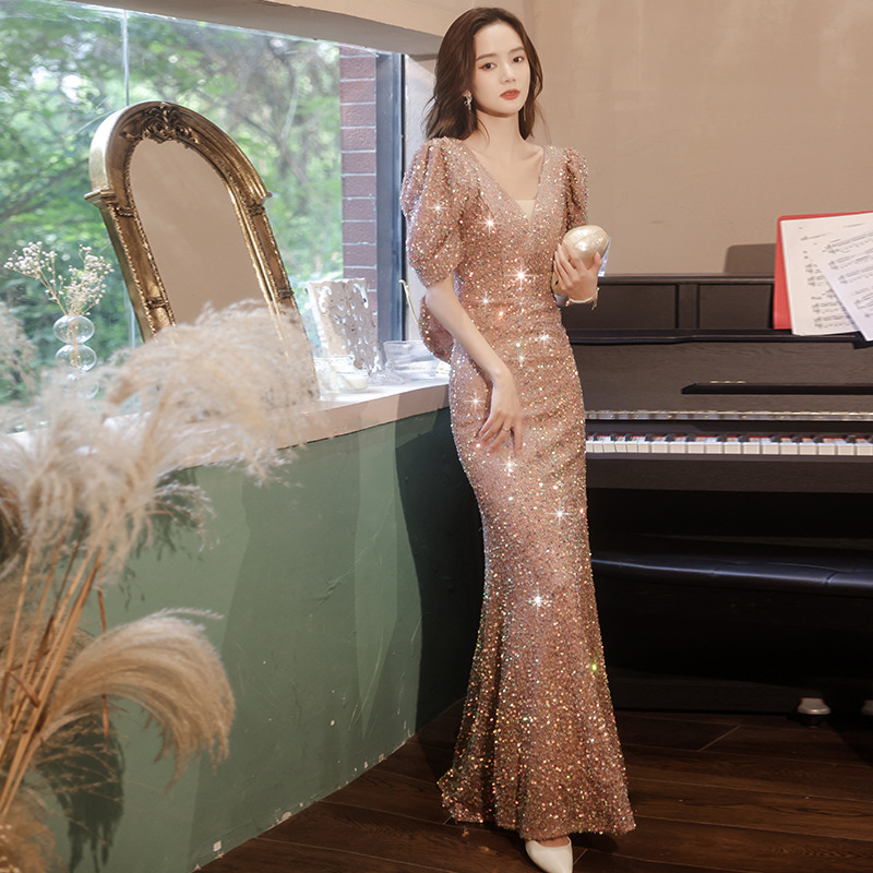 Banquete vestido de noche para mujeres 2024 verano nuevo banquete elegante Rosa lentejuelas vestido de cola de pescado para damas Reunión Anual anfitrión