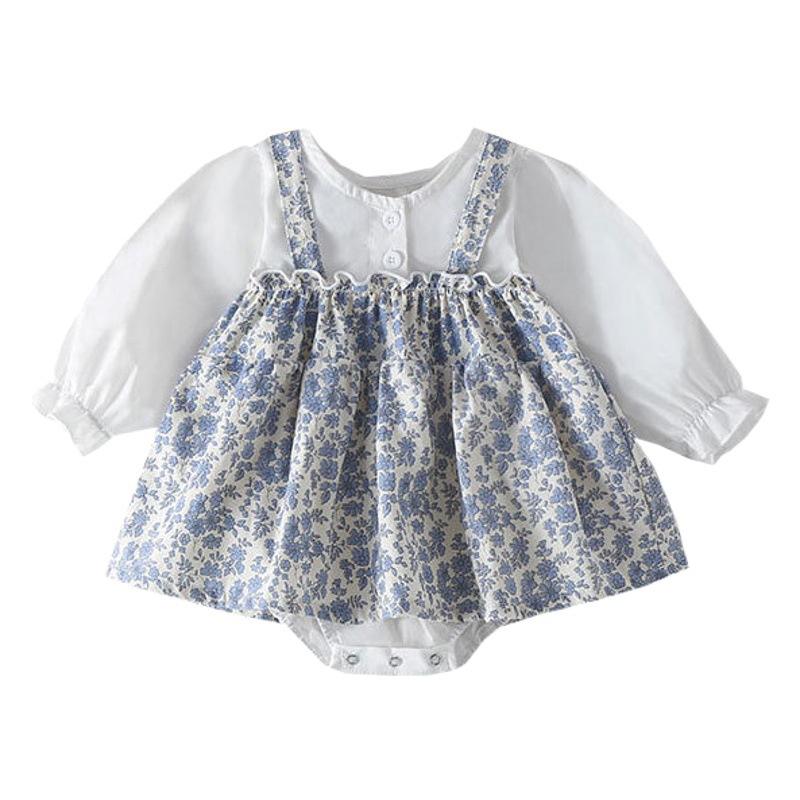 Ins Spring and Autumn Baby Clothes Small Floral Sling False Two-piece Triangle Princess Dress Ha Baby Long-sleeved Climbing Dress