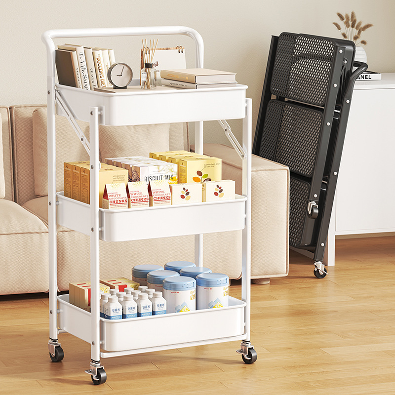 Folding Trolley Bathroom Floor-Standing Storage Rack Bathroom Movable Multi-Layer Bedroom Living Room Metal Storage Rack