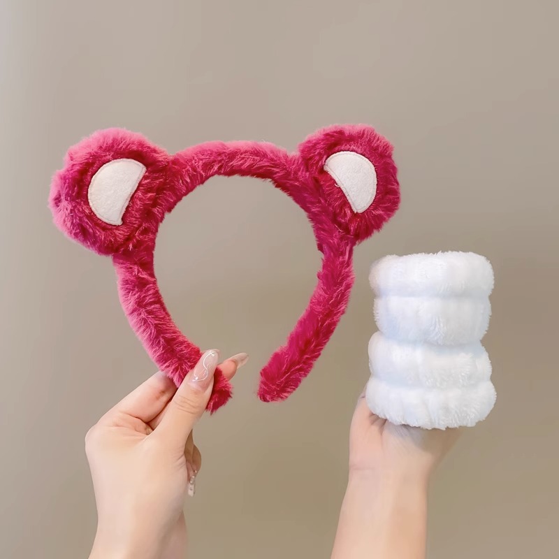 Lindo Rosa lavado de cara banda de pelo de las mujeres a prueba de humedad banda de muñeca banda de pelo absorbente de tres piezas conjunto máscara facial diadema especial