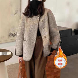 加绒赫本风复古圆领小香风毛呢大衣女短款2024年秋冬气质外套女